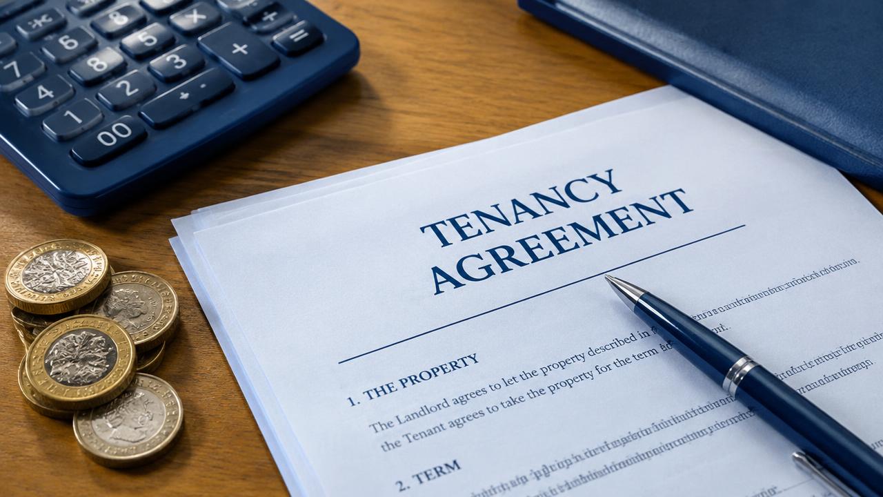 Tenancy agreement, calculator and pound coins on a desk